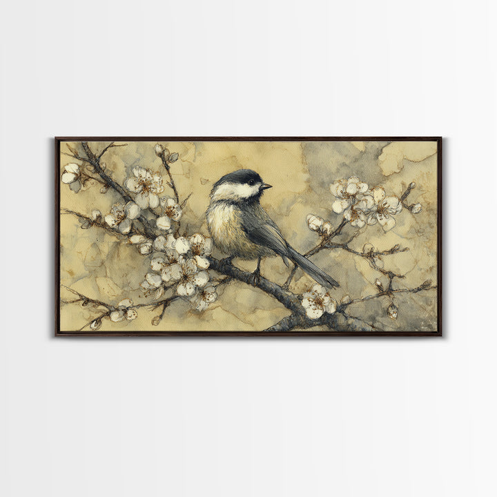 Songbird Perched on Cherry Blossoms Canvas Print, Bird Art, Living Room Decor, Fine Art, Flight, Rustic Home Decor, Floral Art, BIR-2x1-76