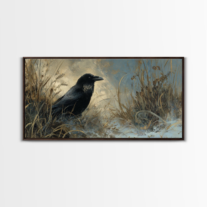 Raven Silhouette with Gothic Atmosphere Canvas Print, Bird Art, Digital Print, Living Room Decor, Oil Painting, Flight, BIR-2x1-77