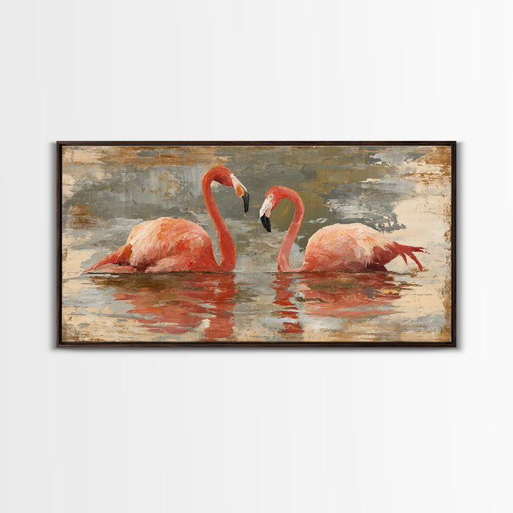 Flamingo Pair in Coral Water Reflections Canvas Print, Bird Art, Contemporary Art, Living Room Decor, Fine Art, Flight, BIR-2x1-78