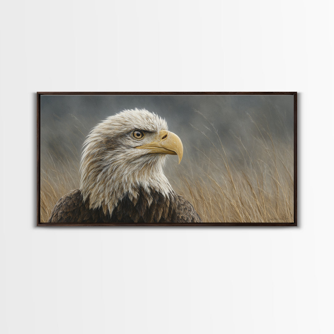 Eagle Portrait with Dramatic Mountain Wind Framed Canvas Print, Bird Art, Luxury Decor, Living Room Decor, Fine Art, Flight, BIR-2x1-8