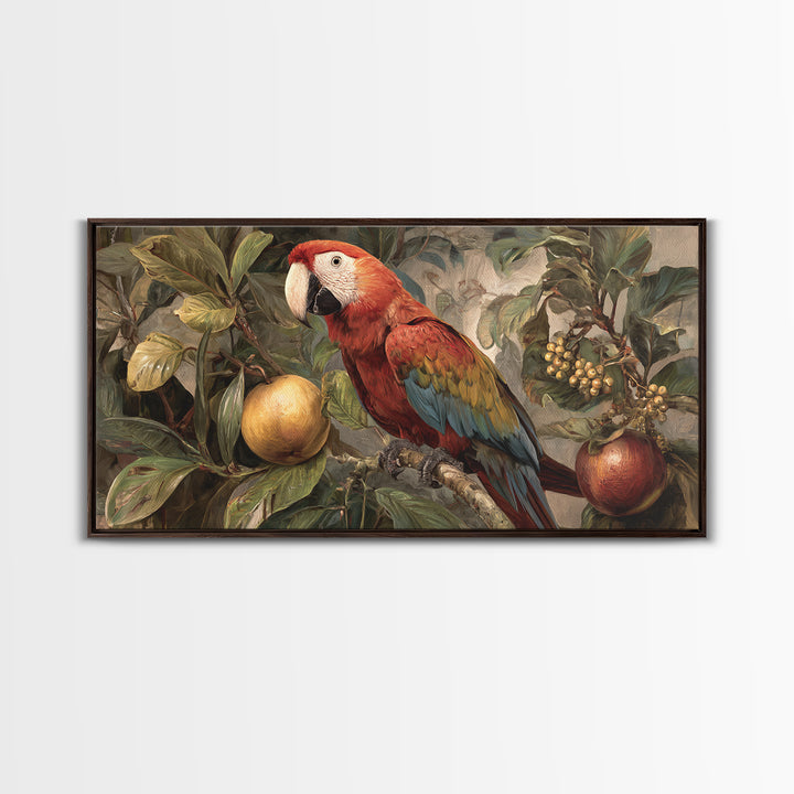 Parrot Among Tropical Leaves and Fruit Framed Canvas Print, Bird Art, Printable Art, Living Room Decor, Watercolor Art, Flight, BIR-2x1-81