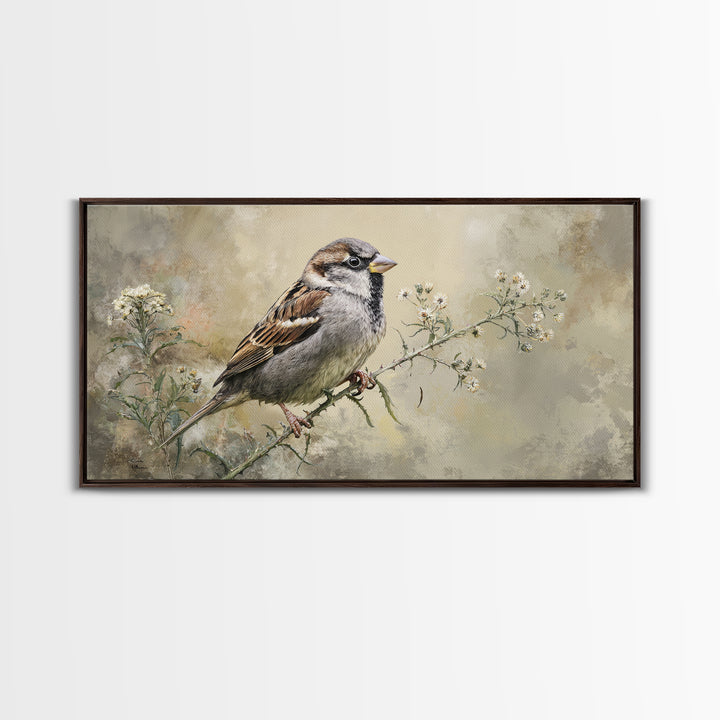 Small Sparrow on Wildflower Stem Canvas Print, Bird Art, Wall Art, Living Room Decor, Watercolor Art, Flight, Japanese Wall Art, BIR-2x1-82
