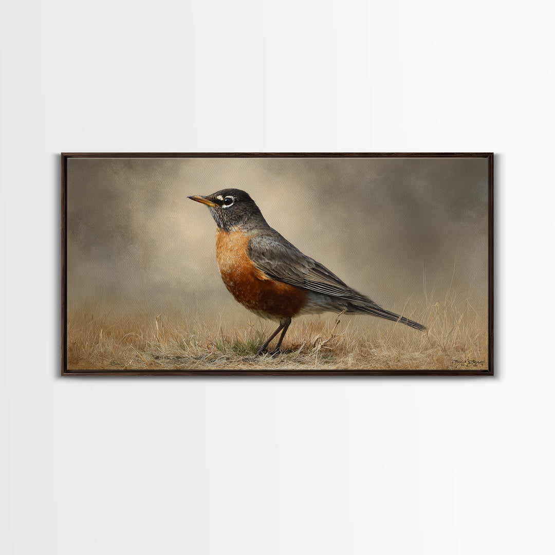 Robin in a Spring Garden with Soft Framed Canvas Print, Bird Art, Contemporary Art, Living Room Decor, Oil Painting, Flight, BIR-2x1-83