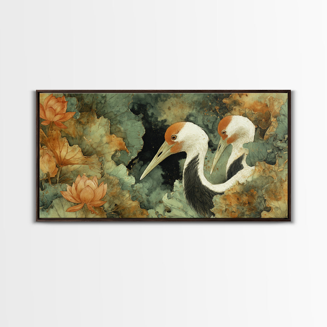 Crane and Lotus Composition Framed Canvas Print, Bird Art, Farmhouse Decor, Living Room Decor, Flight, Digital Download Art, BIR-2x1-85