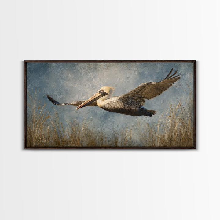 Pelican Flying over Coastal Waves Framed Canvas Print, Bird Art, Home Decor, Living Room Decor, Flight, Modern Wall Art, BIR-2x1-86