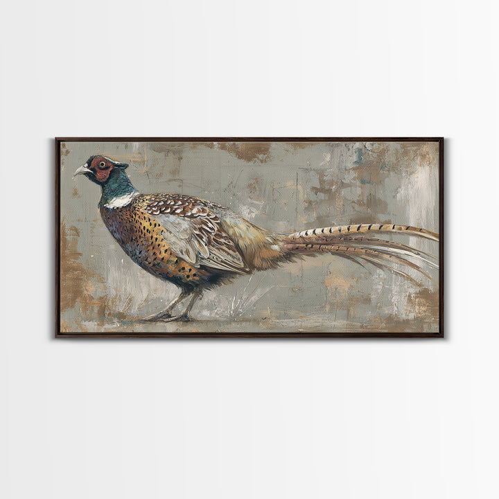 Pheasant with Ornate Feather Details Framed Canvas Print, Bird Art, Mid Century Wall Art, Living Room Decor, Fine Art, Flight, BIR-2x1-87