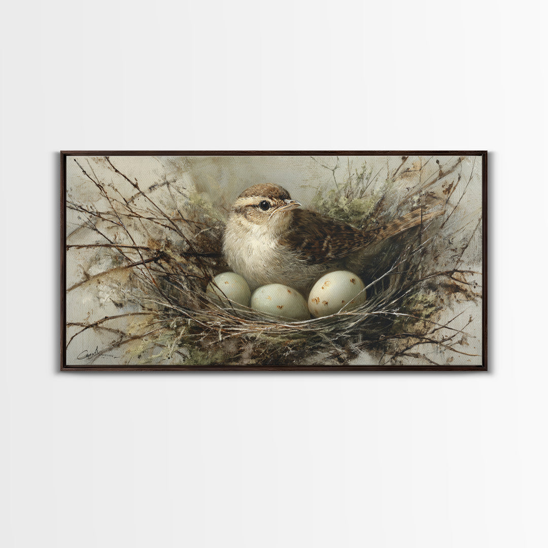 Bird Nest with Eggs and Delicate Twigs Framed Canvas Print, Bird Art, Wall Decor, Living Room Decor, Oil Painting, Flight, BIR-2x1-90