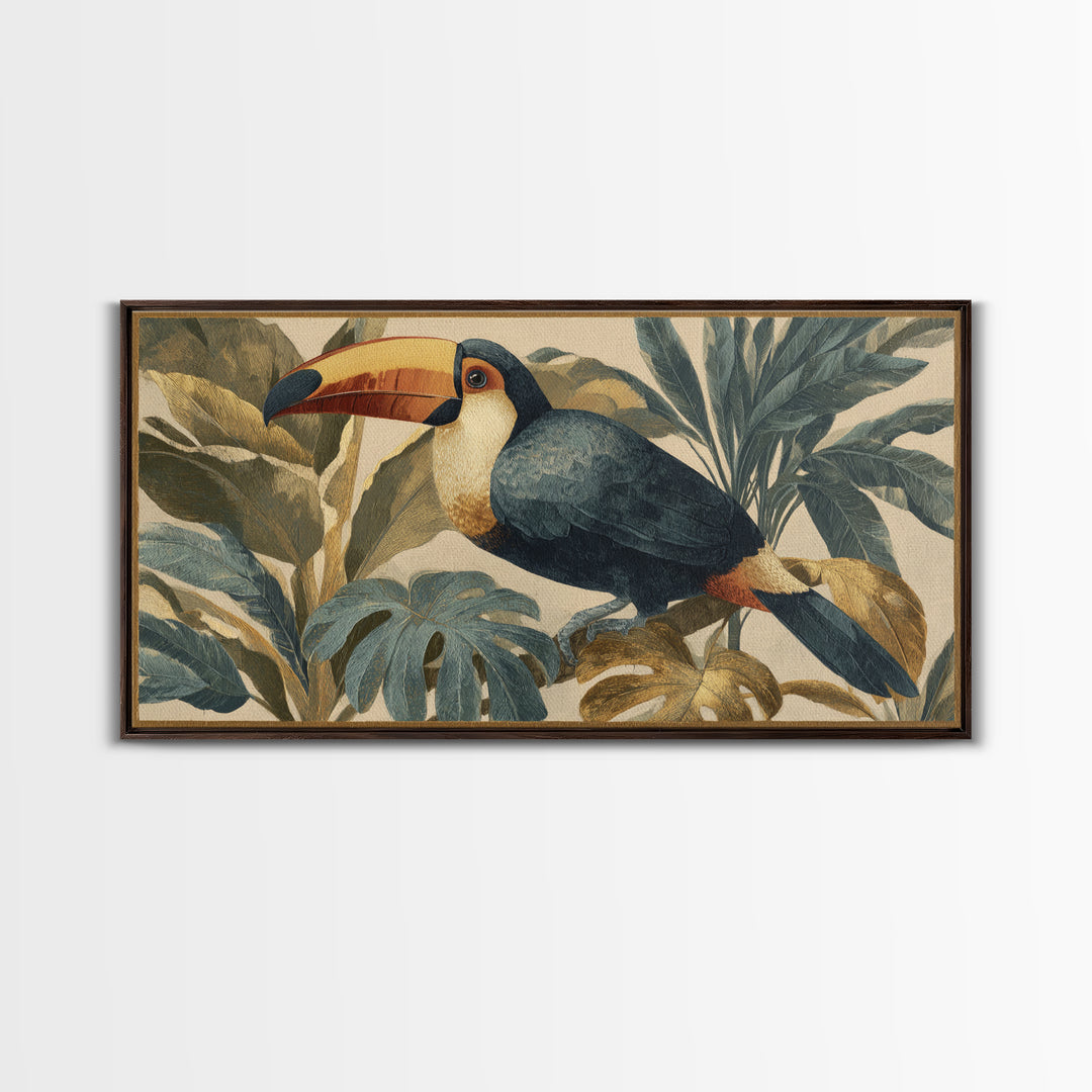 Toucan Framed by Bold Jungle Foliage Framed Canvas Print, Bird Art, Original Art, Living Room Decor, Fine Art, Flight, BIR-2x1-91