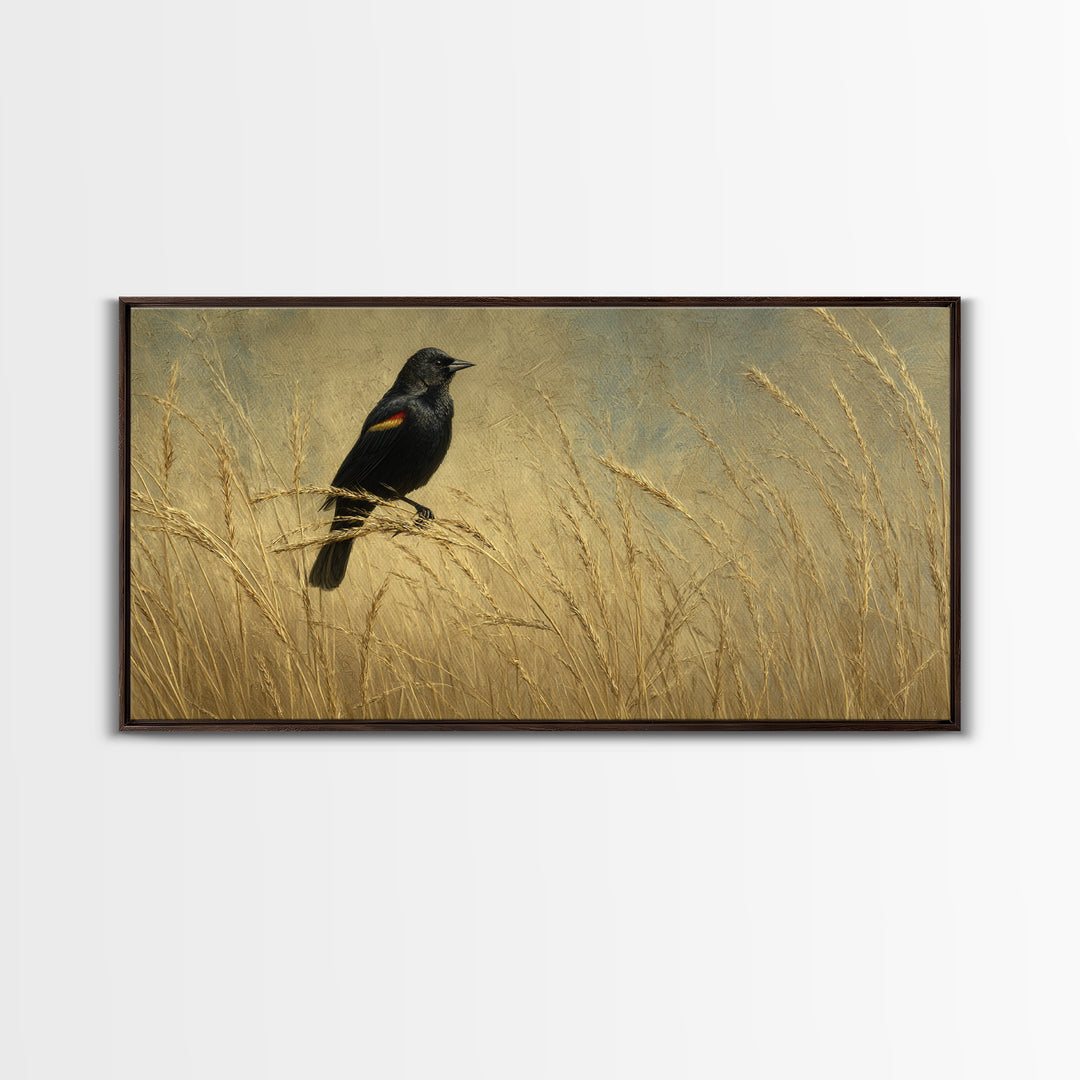 Blackbird on Gold Wheat Field Framed Canvas Print, Bird Art, Modern Wall Art, Living Room Decor, Oil Painting, Flight, BIR-2x1-92