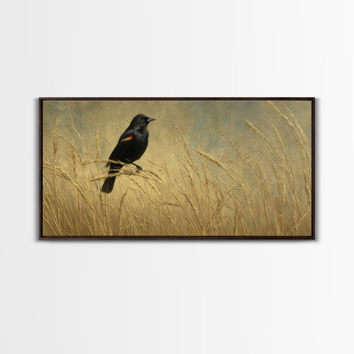 Blackbird on Gold Wheat Field Framed Canvas Print, Bird Art, Modern Wall Art, Living Room Decor, Oil Painting, Flight, BIR-2x1-92