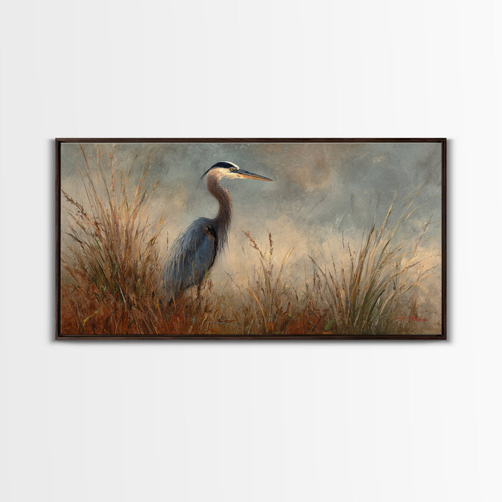 Blue Heron in Misty Marsh Grass Canvas Print, Bird Art, Digital Prints, Living Room Decor, Fine Art, Flight, Modern Art, BIR-2x1-94
