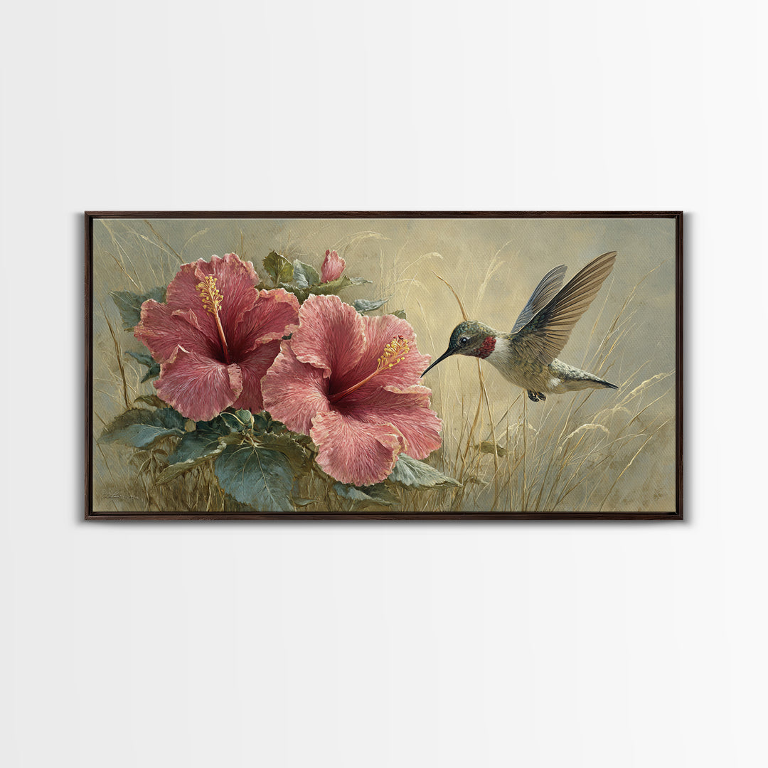 Hummingbird Hovering Beside Bright Hibiscus Framed Canvas Print, Bird Art, Bird Prints, Living Room Decor, Oil Painting, Flight, BIR-2x1-96