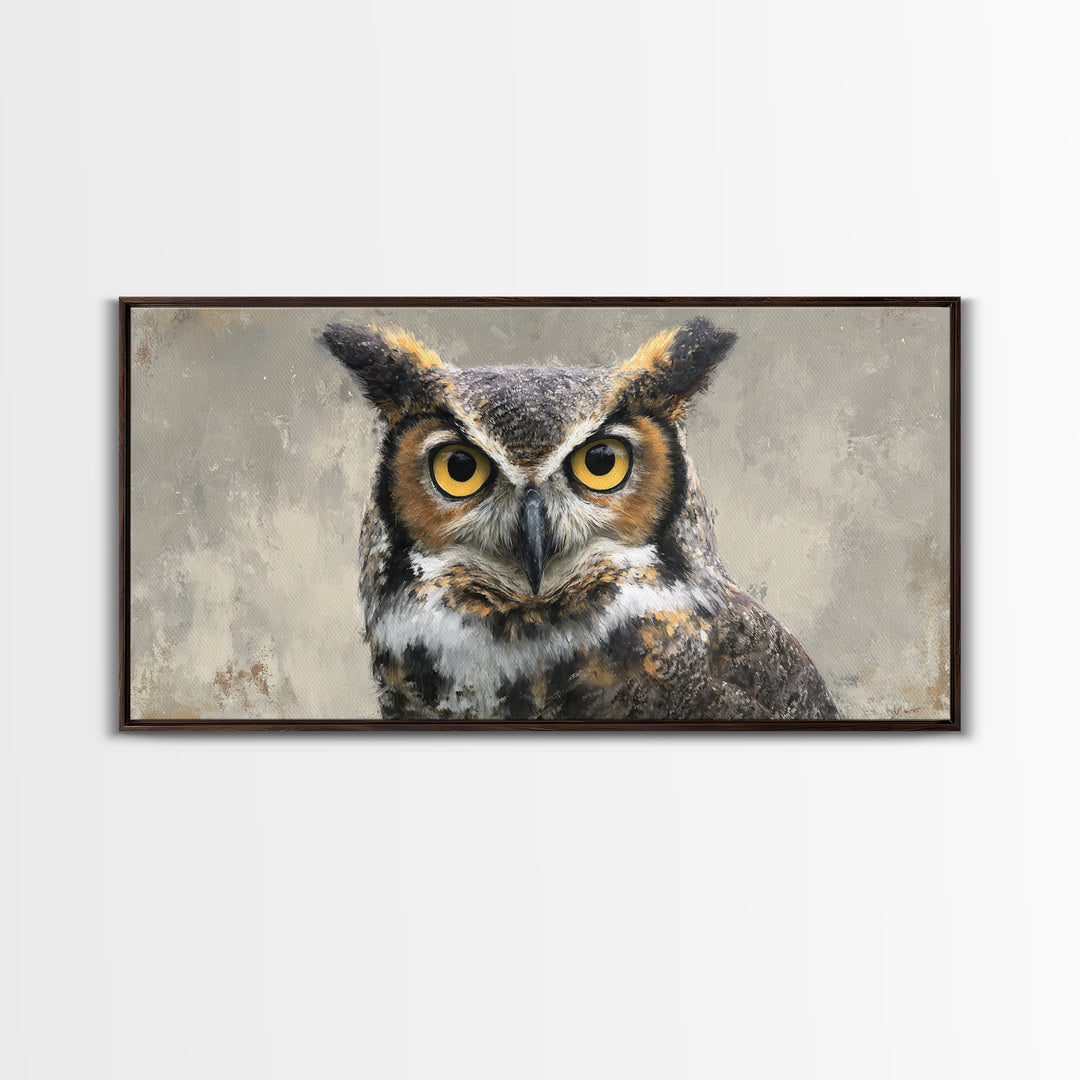 Owl Portrait with Wise Golden Eyes Framed Canvas Print, Bird Art, Japanese Wall Art, Living Room Decor, Oil Painting, Flight, BIR-2x1-97