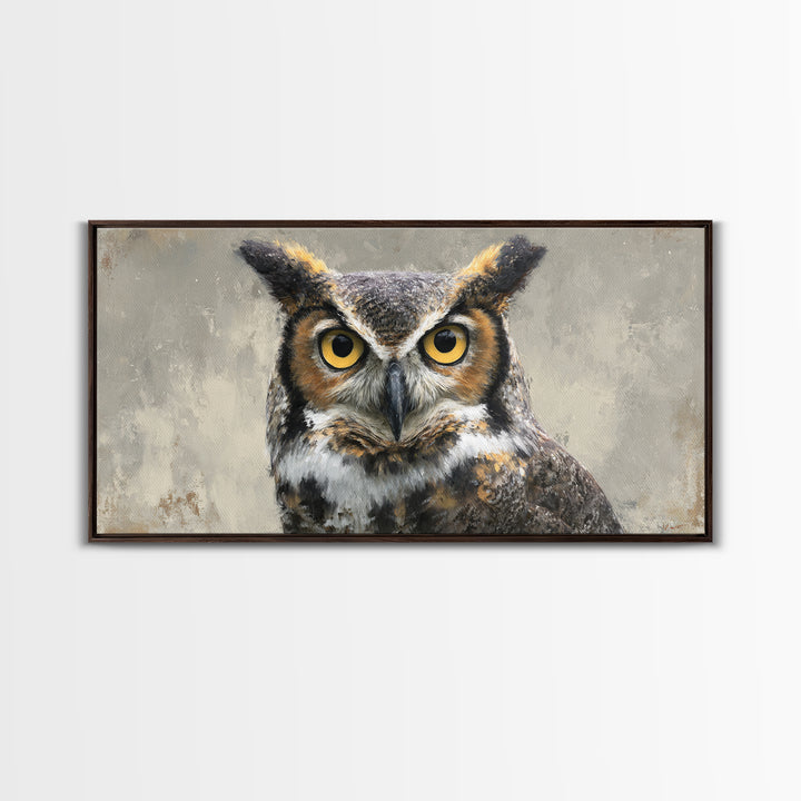 Owl Portrait with Wise Golden Eyes Framed Canvas Print, Bird Art, Japanese Wall Art, Living Room Decor, Oil Painting, Flight, BIR-2x1-97
