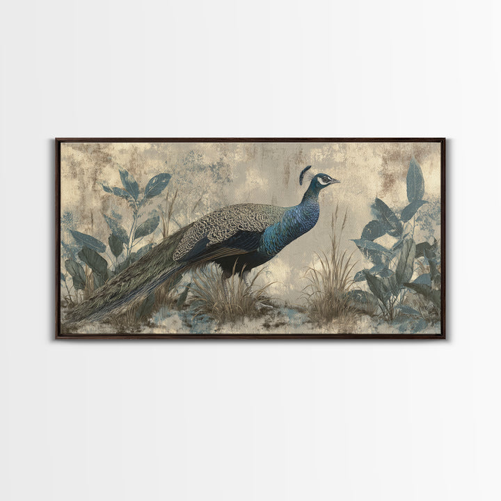 Peacock with Jewel Tone Feather Pattern Framed Canvas Print, Bird Art, Boho Wall Decor, Living Room Decor, Fine Art, Flight, BIR-2x1-99