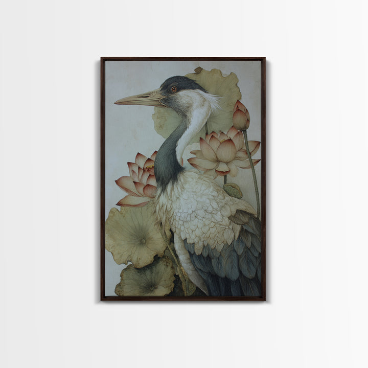 Crane and Lotus Composition Framed Canvas Print, Bird Art, Wall Art, Living Room Decor, Fine Art, Flight, Japanese Wall Art, BIR-2x3-1