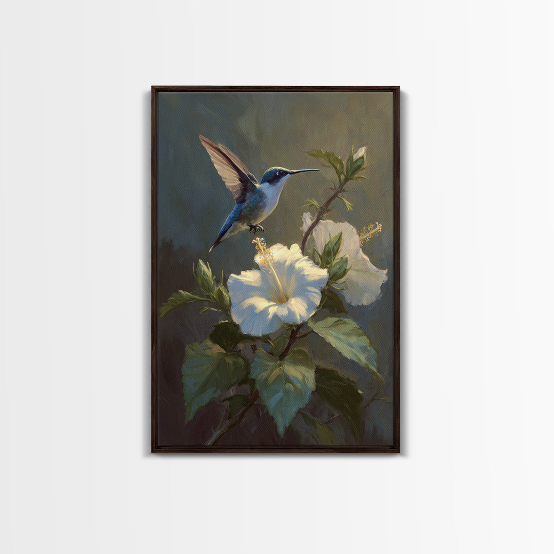 Hummingbird Hovering Beside Bright Hibiscus Framed Canvas Print, Bird Art, Minimalist Decor, Living Room Decor, Oil Painting, BIR-2x3-12