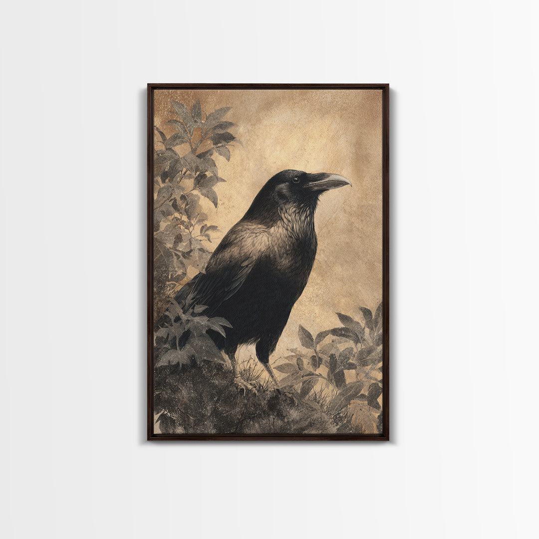 Raven Silhouette with Gothic Atmosphere Framed Canvas Print, Bird Art, Living Room Decor, Abstract Art, Flight, BIR-2x3-17