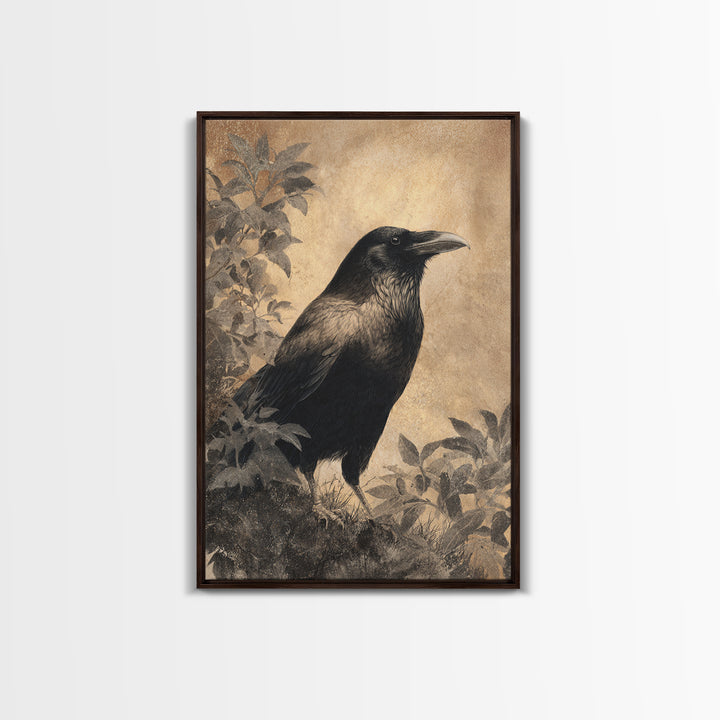 Raven Silhouette with Gothic Atmosphere Framed Canvas Print, Bird Art, Living Room Decor, Abstract Art, Flight, BIR-2x3-17