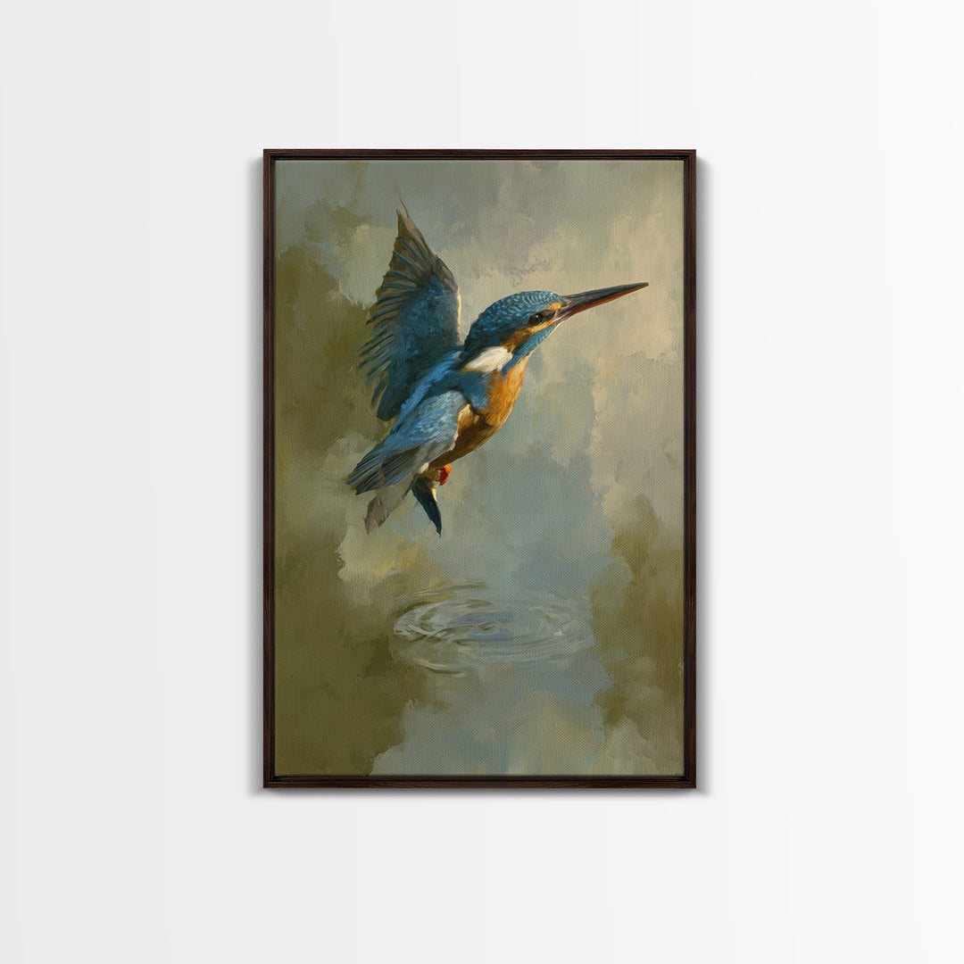 Kingfisher Diving Toward Blue Water Framed Canvas Print, Bird Art, Neutral Decor, Living Room Decor, Fine Art, Flight, BIR-2x3-19
