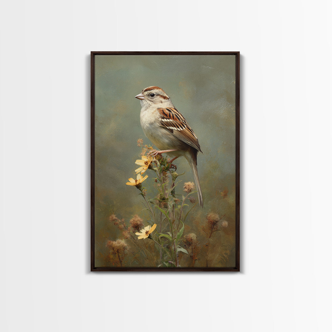 Small Sparrow on Wildflower Stem Framed Canvas Print, Bird Art, Textured Painting, Living Room Decor, Fine Art, Flight, BIR-2x3-22