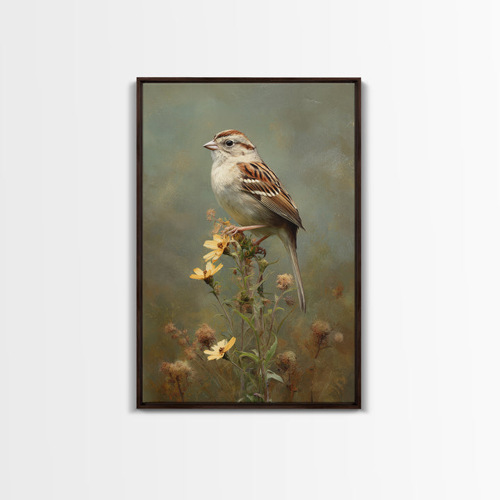 Small Sparrow on Wildflower Stem Framed Canvas Print, Bird Art, Textured Painting, Living Room Decor, Fine Art, Flight, BIR-2x3-22