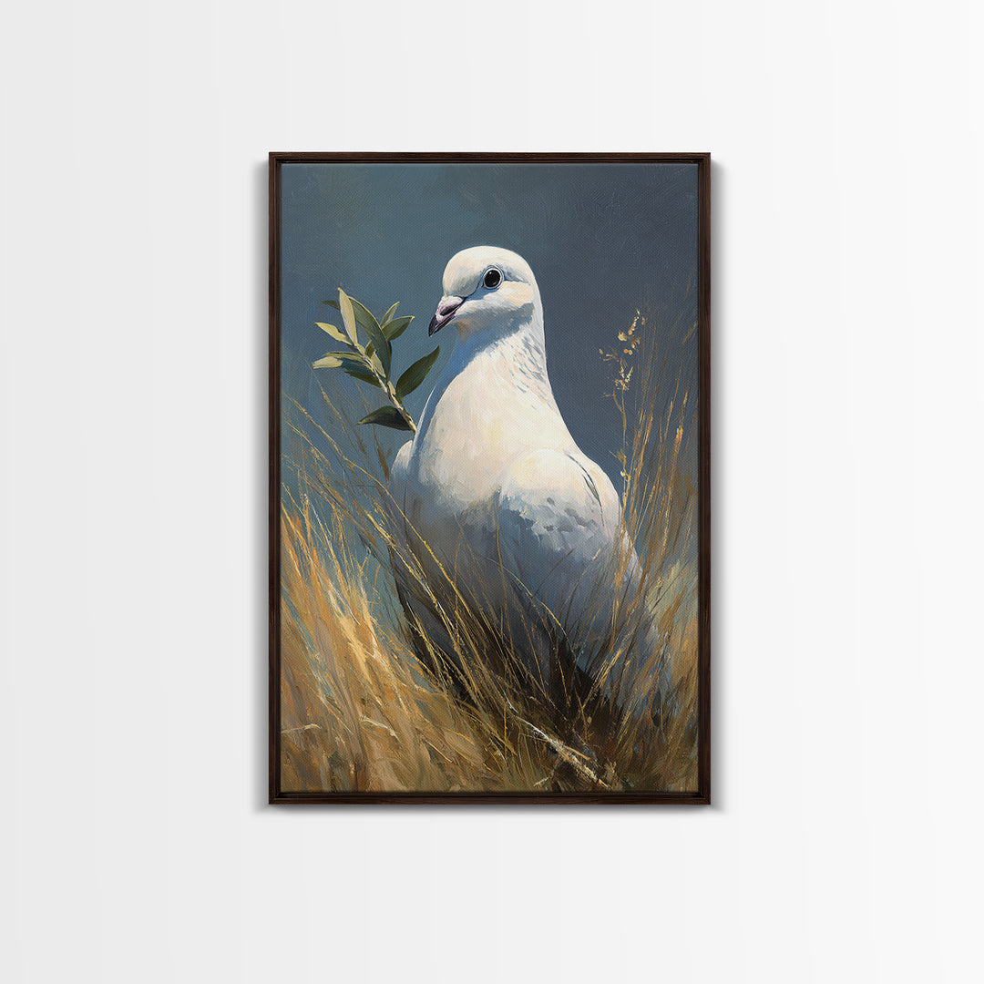 White Dove with Olive Branch and Calm Framed Canvas Print, Bird Art, Living Room Art, Living Room Decor, Watercolor Art, Flight, BIR-2x3-24