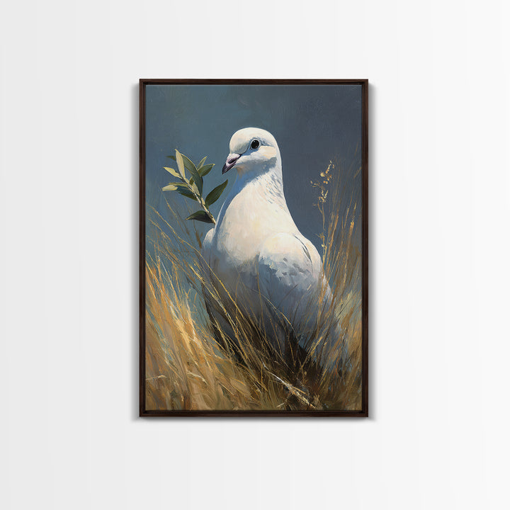 White Dove with Olive Branch and Calm Framed Canvas Print, Bird Art, Living Room Art, Living Room Decor, Watercolor Art, Flight, BIR-2x3-24