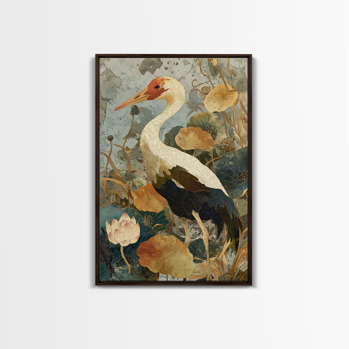 Crane and Lotus Composition Framed Canvas Print, Bird Art, Wall Art, Living Room Decor, Fine Art, Flight, Japanese Wall Art, BIR-2x3-25
