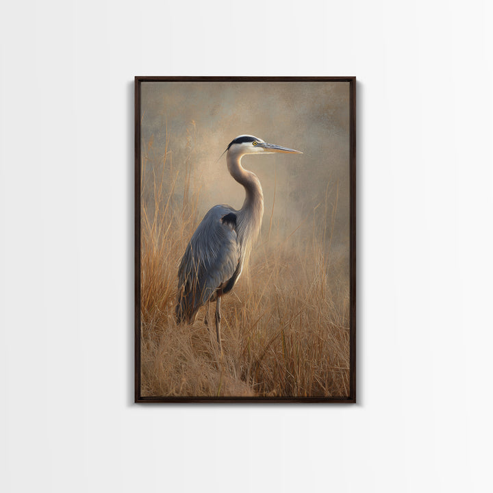 Blue Heron in Misty Marsh Grass Framed Canvas Print, Bird Art, Contemporary Art, Living Room Decor, Fine Art, Flight, BIR-2x3-34