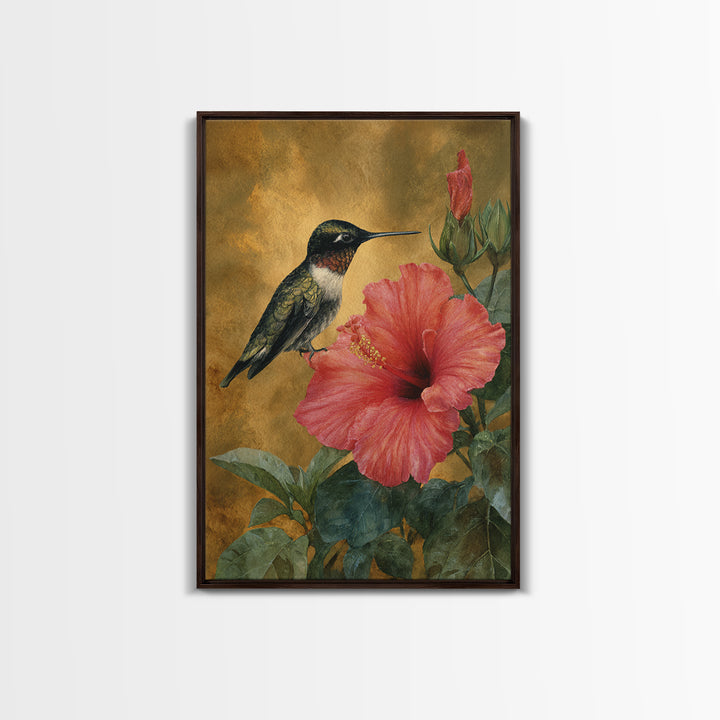 Hummingbird Hovering Beside Bright Hibiscus Canvas Print, Bird Art, Mid Century Wall Art, Living Room Decor, Flight, BIR-2x3-36