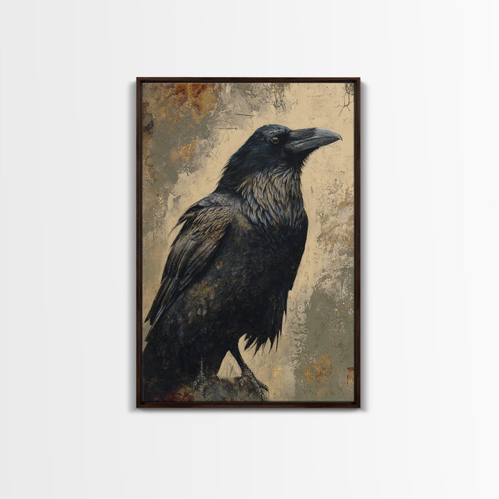 Raven Silhouette with Gothic Atmosphere Framed Canvas Print, Bird Art, Living Room Decor, Abstract Art, Flight, BIR-2x3-41