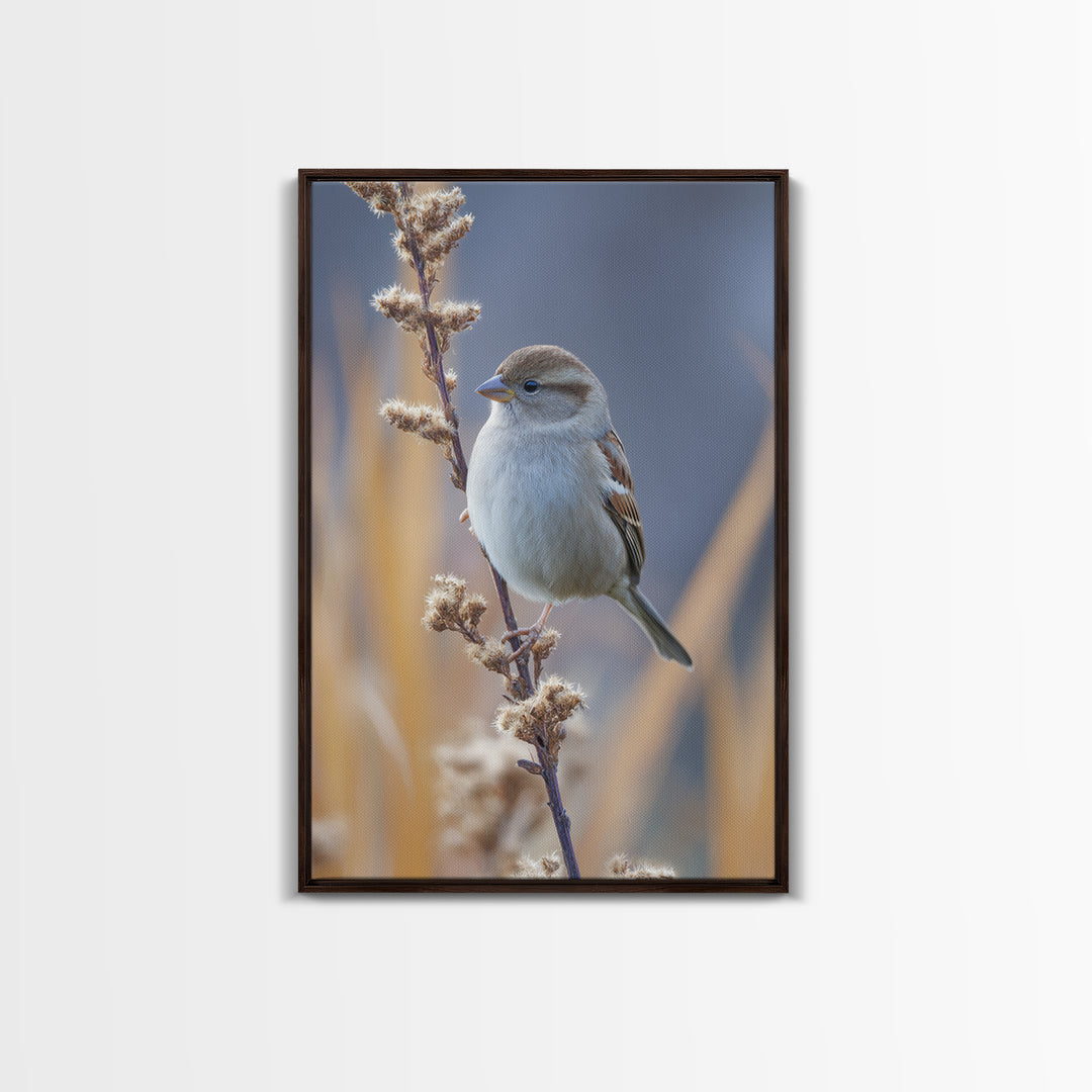 Small Sparrow on Wildflower Stem Framed Canvas Print, Bird Art, Textured Painting, Living Room Decor, Fine Art, Flight, BIR-2x3-46