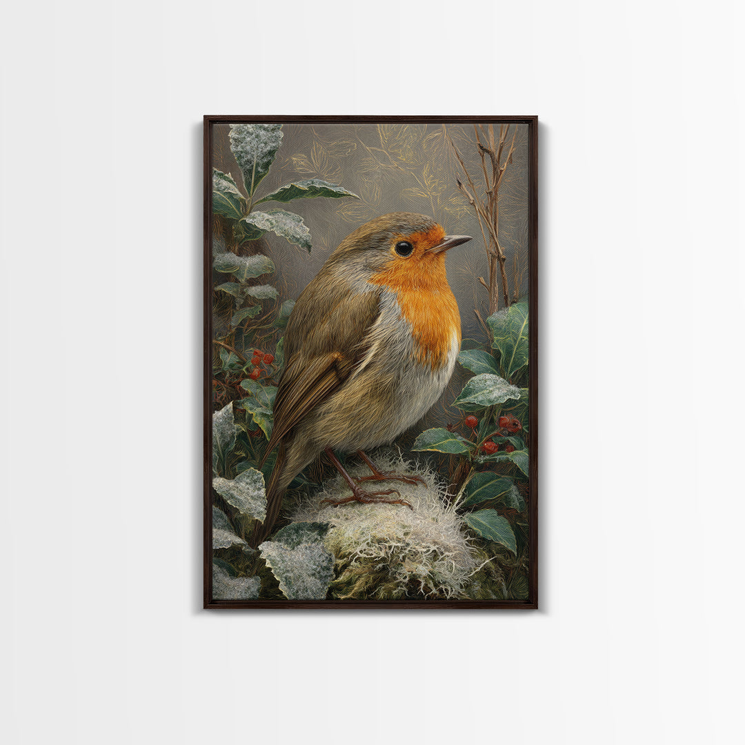 Robin in a Spring Garden with Soft Framed Canvas Print, Bird Art, Wall Art, Living Room Decor, Flight, Japanese Wall Art, BIR-2x3-47