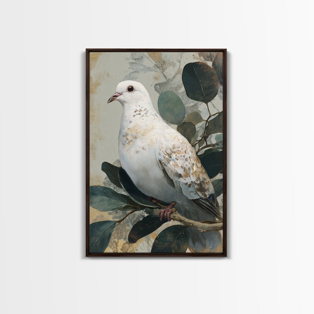 White Dove with Olive Branch and Calm Framed Canvas Print, Bird Art, Boho Decor, Living Room Decor, Fine Art, Flight, BIR-2x3-48