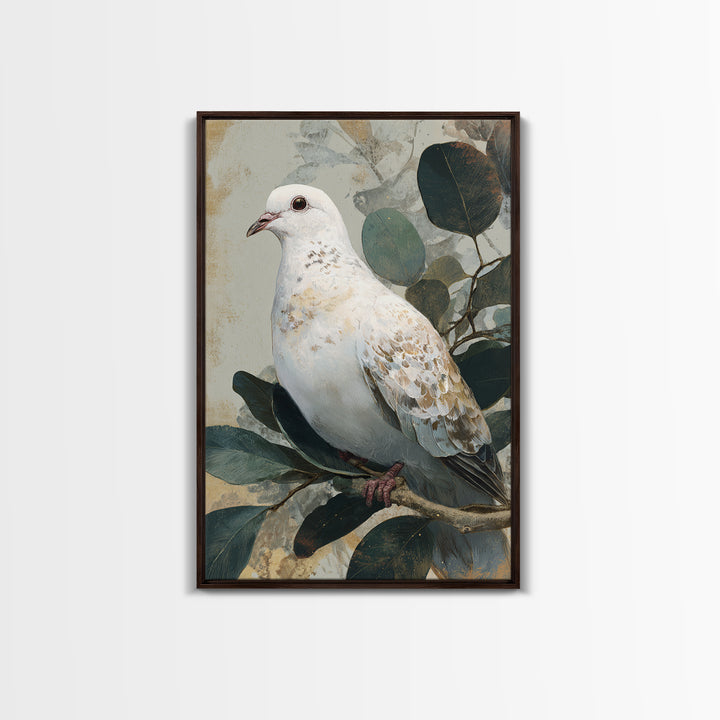 White Dove with Olive Branch and Calm Framed Canvas Print, Bird Art, Boho Decor, Living Room Decor, Fine Art, Flight, BIR-2x3-48
