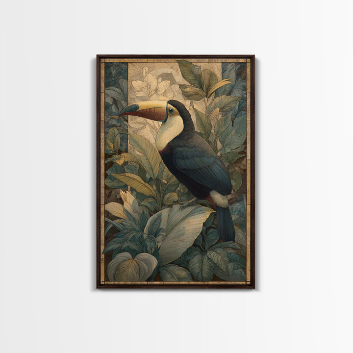 Toucan Framed by Bold Jungle Foliage Framed Canvas Print, Bird Art, Textured Painting, Living Room Decor, Fine Art, Flight, BIR-2x3-55