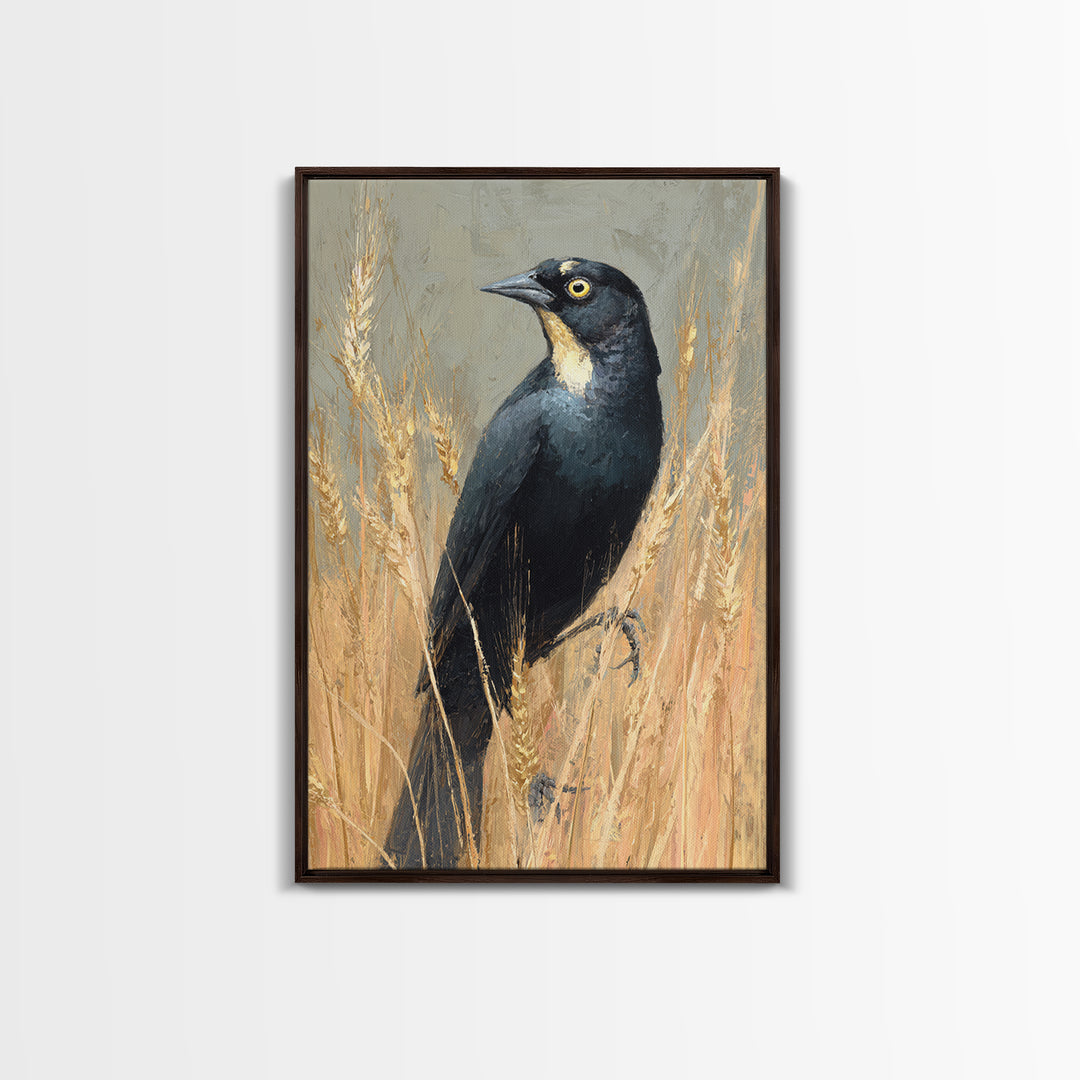 Blackbird on Gold Wheat Field Framed Canvas Print, Bird Art, Neutral Decor, Living Room Decor, Abstract Art, Flight, Wall Art, BIR-2x3-56