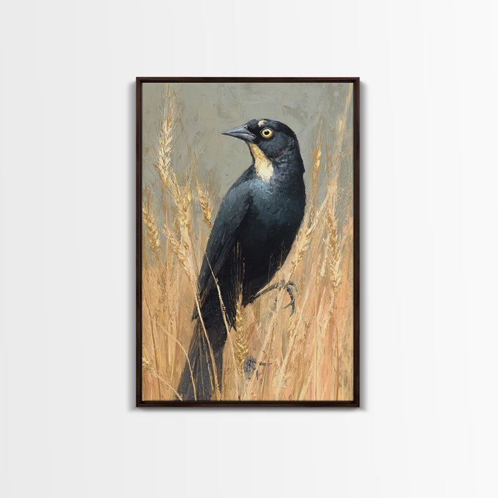 Blackbird on Gold Wheat Field Framed Canvas Print, Bird Art, Neutral Decor, Living Room Decor, Abstract Art, Flight, Wall Art, BIR-2x3-56