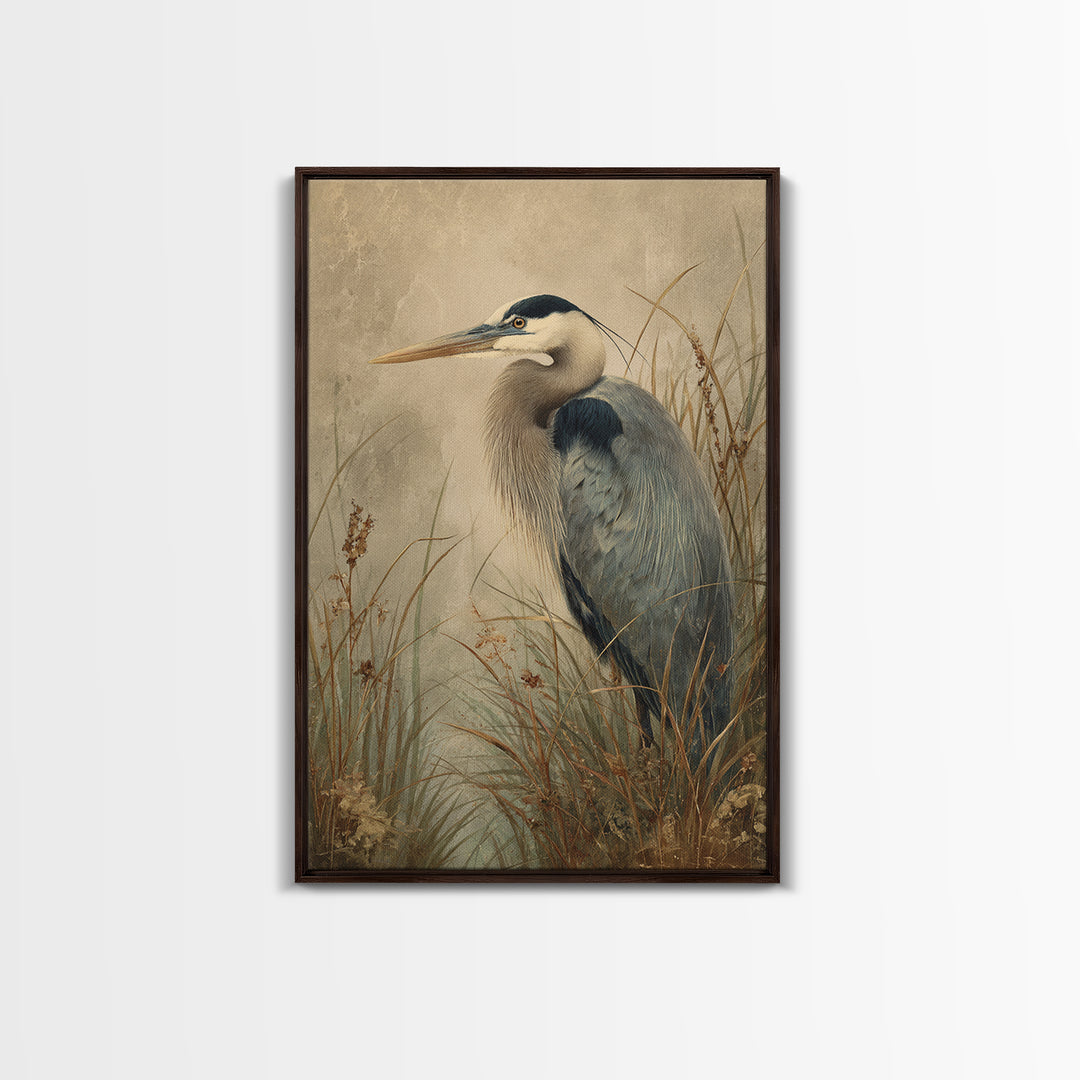 Blue Heron in Misty Marsh Grass Canvas Print, Bird Art, Mid Century Modern, Living Room Decor, Flight, Botanical Wall Art, BIR-2x3-58