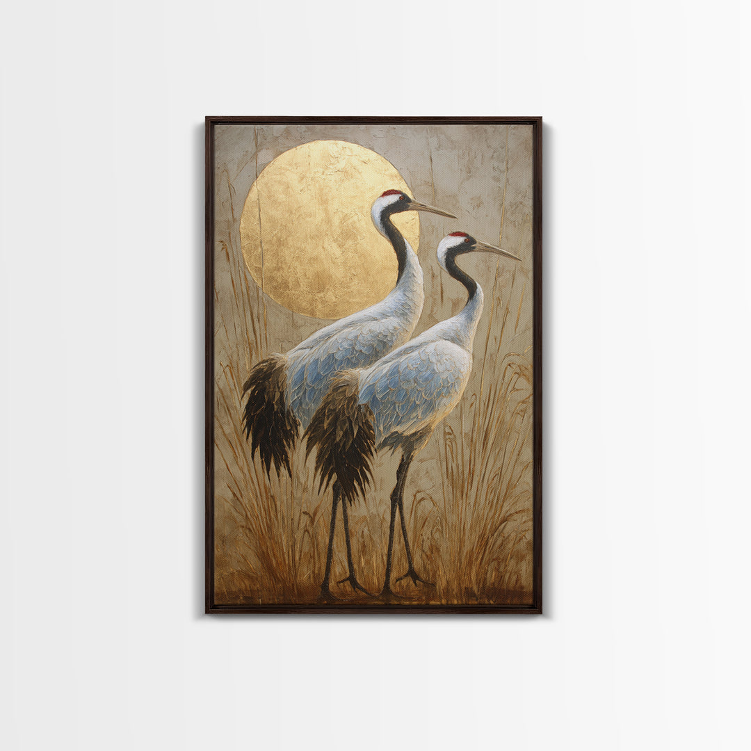 Pair of Cranes Dancing Framed Canvas Print, Bird Art, Digital Prints, Living Room Decor, Oil Painting, Flight, Modern Art, BIR-2x3-59