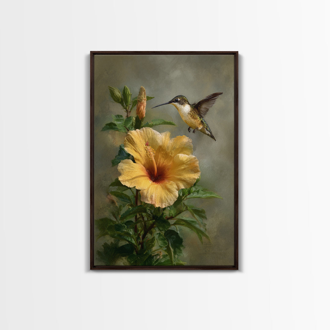 Hummingbird Hovering Beside Bright Hibiscus Framed Canvas Print, Bird Art, Wall Art, Living Room Decor, Fine Art, Flight, BIR-2x3-60