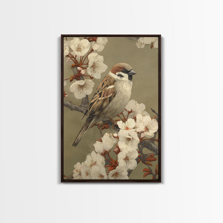 Songbird Perched on Cherry Blossoms Framed Canvas Print, Bird Art, Room Decor, Living Room Decor, Fine Art, Flight, BIR-2x3-64