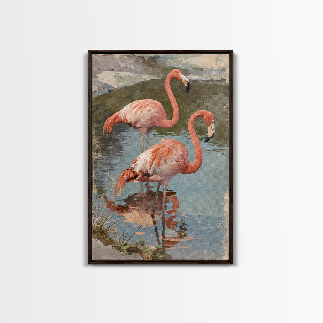 Flamingo Pair in Coral Water Reflections Canvas Print, Bird Art, Home Decor, Living Room Decor, Oil Painting, Flight, BIR-2x3-66