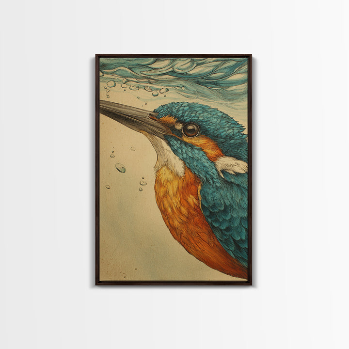 Kingfisher Diving Toward Blue Water Canvas Print, Bird Art, Mid Century Modern, Living Room Decor, Flight, Botanical Wall Art, BIR-2x3-67