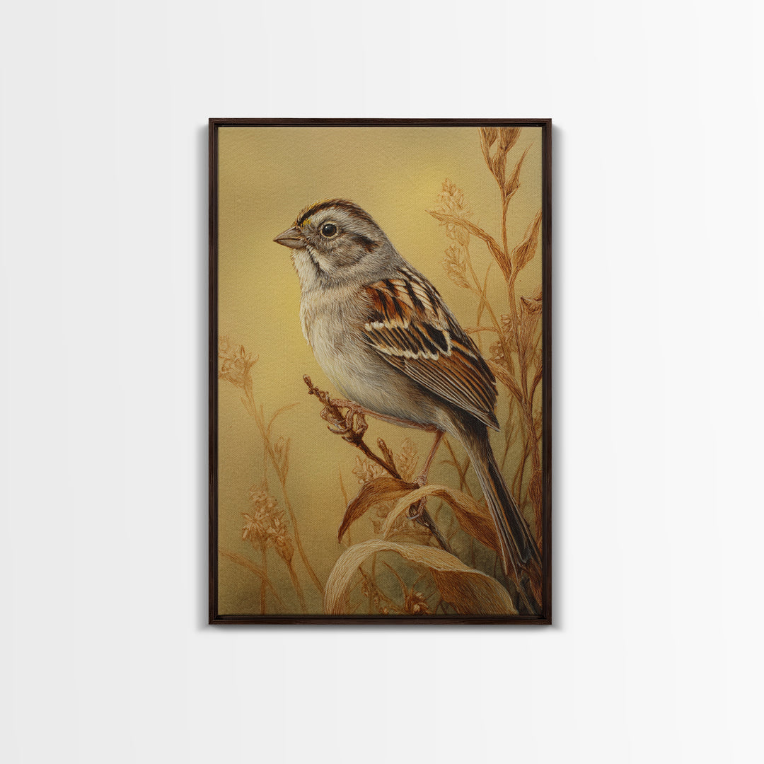 Small Sparrow on Wildflower Stem Canvas Print, Bird Art, Wall Decor, Living Room Decor, Oil Painting, Flight, Boho Wall Decor, BIR-2x3-70