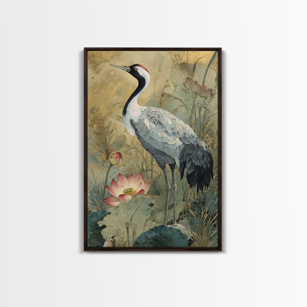 Crane and Lotus Composition Framed Canvas Print, Bird Art, Watercolor Painting, Living Room Decor, Flight, Living Room Art, BIR-2x3-73