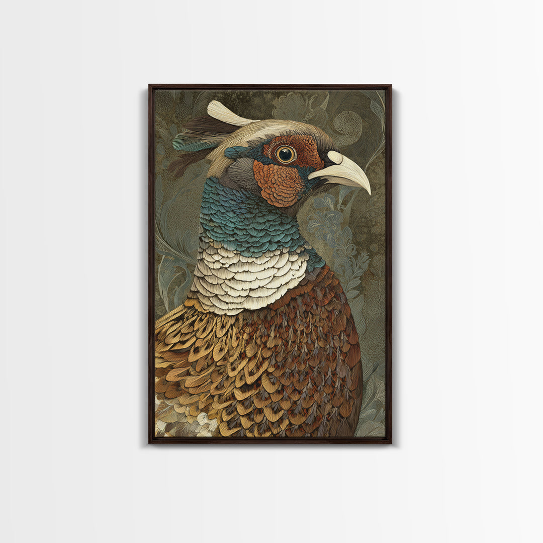 Pheasant with Ornate Feather Details Framed Canvas Print, Bird Art, Original Art, Living Room Decor, Fine Art, Flight, BIR-2x3-75