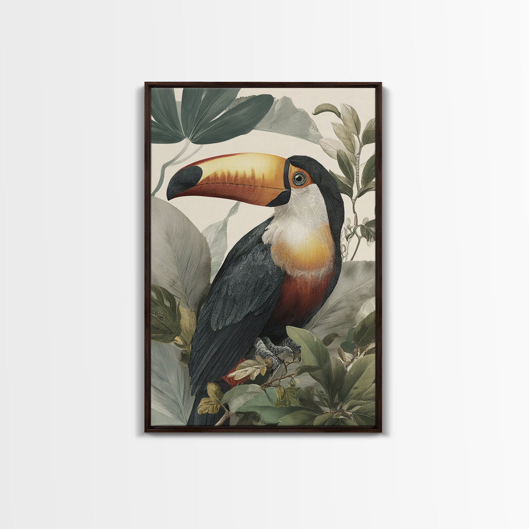 Toucan Framed by Bold Jungle Foliage Canvas Print, Bird Art, Wall Decor, Living Room Decor, Fine Art, Flight, Boho Wall Decor, BIR-2x3-79