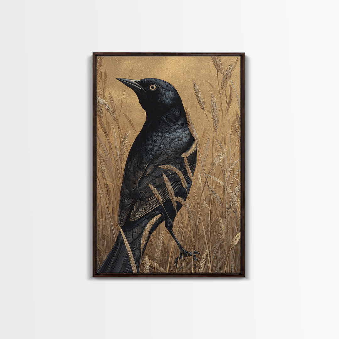 Blackbird on Gold Wheat Field Framed Canvas Print, Bird Art, Bird Prints, Living Room Decor, Oil Painting, Flight, Modern Decor, BIR-2x3-8